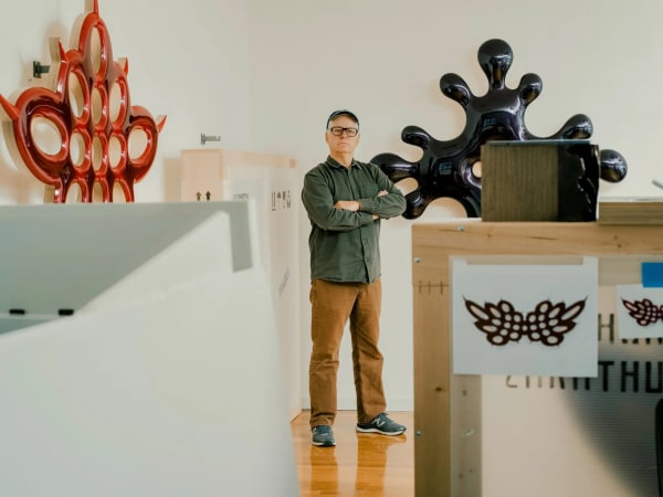 Donald Moffett in his studio standing next to “Lot 062619 (cell division, red)” and in front of “Lot 072619 (the new damson)” ahead of his show “ILL (nature paintings)” at the Marianne Boesky Gallery in Chelsea.