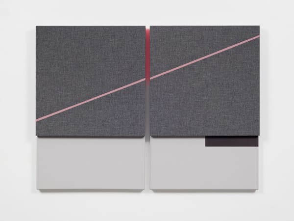 Jennie C. Jones, "Fractured Crescendo, Rest," 2019, acoustic panel, acrylic on canvas, 2 parts: 36 × 24 × 3 inches; overall: 36 × 49.5 × 3 inches. Photo by Pierre le Hors. Courtesy of the artist; PATRON Gallery, Chicago; Alexander Gray Associates, New York; and the Arts Club of Chicago, Chicago.
