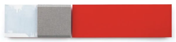 Jennie C. Jones, "Red Measure, Muted and Clipped," 2016, acrylic on canvas, acoustic panel on canvas, 12 × 60″.