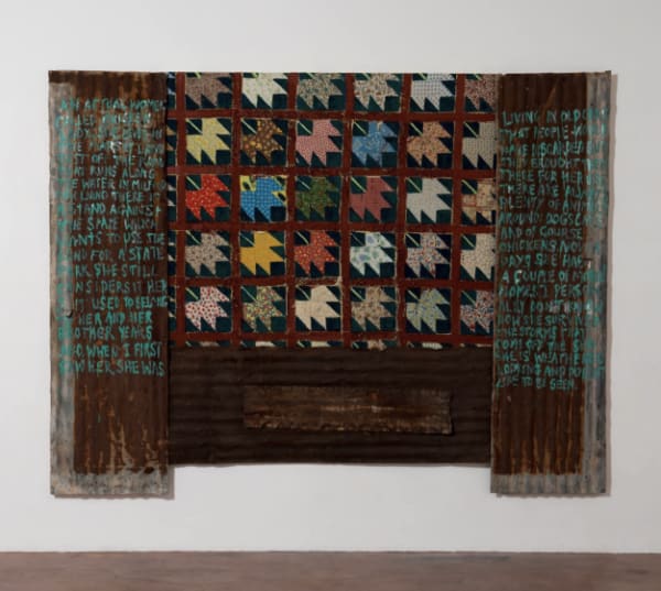 Harmony Hammond, "Chicken Lady," 1989. Quilt, canvas, acrylic, oil paint, corrugated roofing tin (3 panels), 96 × 127 ½ inches overall. Image courtesy the artist and Alexander Gray Associates. © 2018 Harmony Hammond / Licensed by VAGA at Artists Rights Society. Photo: Eric Swanson.
