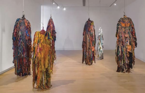 From “Harmony Hammond: Material Witness, Five Decades of Art” at the Aldrich in Connecticut, a view of her “Presence” series of fabric sculptures, 1971-1972. The forms look archaic, ceremonial, communal in spirit.