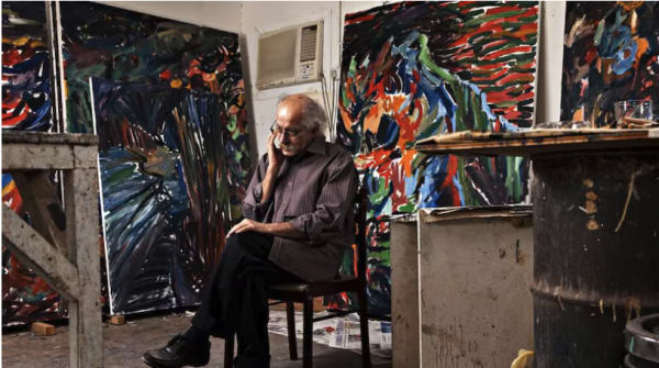 Emirati artist Hassan Sharif, who died in 2016, at his studio at The Flying house in Al Quoz, Dubai, in 2012. Antonie Robertson / The National