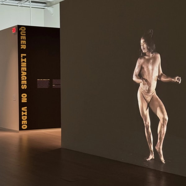 Installation view of Kang Seung Lee, "The Heart of a Hand" (2022) in Homage: Queer Lineages on Video at the Wallach Art Gallery (Daniel Larkin/Hyperallergic)