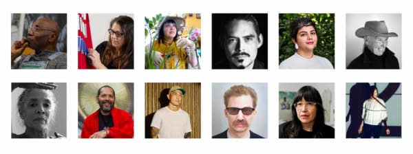 Top (left to right): Willie Birch, New Orleans, Louisiana; Julie Buffalohead, St. Paul, Minnesota; Nao Bustamante, Los Angeles, California; william cordova, Miami, Florida; Sofía Gallisá Muriente, San Juan, Puerto Rico; Harmony Hammond, Gallisteo, New Mexico. Bottom (left to right); Maren Hassinger, New York, New York; Guadalupe Maravilla, New York, New York; Tuan Andrew Nguyen, Los Angeles, California; Walid Raad, Medusa, New York; Amanda Ross-Ho, Los Angeles, California; Diana Thater, Los Angeles, California