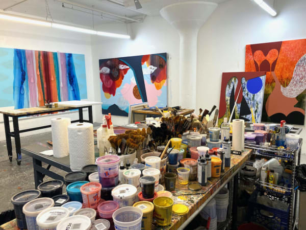Studio view of (left to right) "Love You Tammy Faye," "The Origin of Glitter," "Knock Off," and "Leda Was a Swan," 2022.