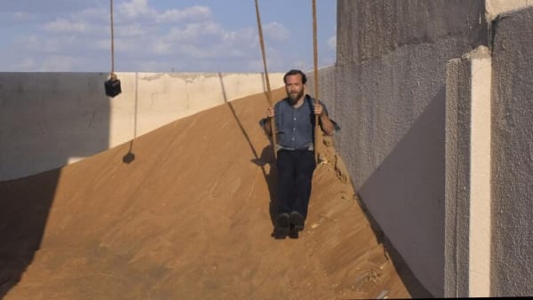 A recreation of Hassan Sharif’s ‘Swing’ in ‘The Landing’, which was shot in Sharjah. Courtesy Akram Zaatari