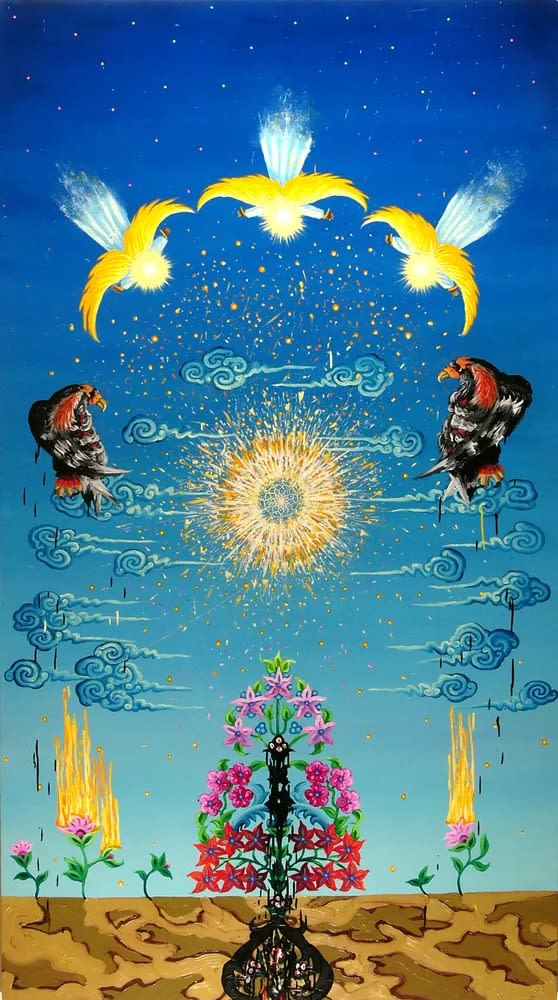 Celebration/Desert Station (III), 2005, oil and stickers on canvas, 108 x 60 in.