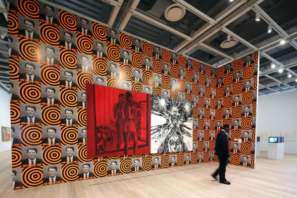 The first exhibition at the new home of the Whitney Museum of American Art, “America Is Hard to See,” is to open on May 1. Here, David Salle’s “Splinter Man,” on a background print of Donald Moffett’s “He Kills Me.”