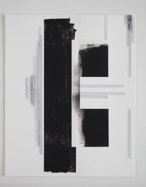Jennie C. Jones, "Score for Sustained Blackness Set 2," 2014, acrylic paint, collage, and pen on paper, 20 x 16".