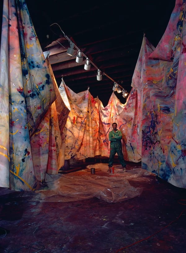 Sam Gilliam, in the studio with his draped canvases in 1970, was thinking about the surfaces art was made on. Credit: Sam Gilliam/Artists Rights Society (ARS), New York; via Pace Gallery