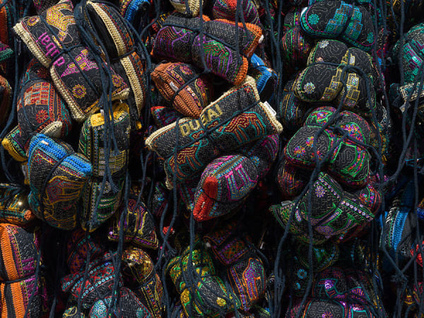 Hassan Sharif, "Pouches" (detail), 2016, pouches, cotton rope and corrugated card, 320 × 420 × 45 cm. Courtesy: the Estate of Hassan Sharif and Gallery Isabelle, Dubai; photograph: Altamash Urooj