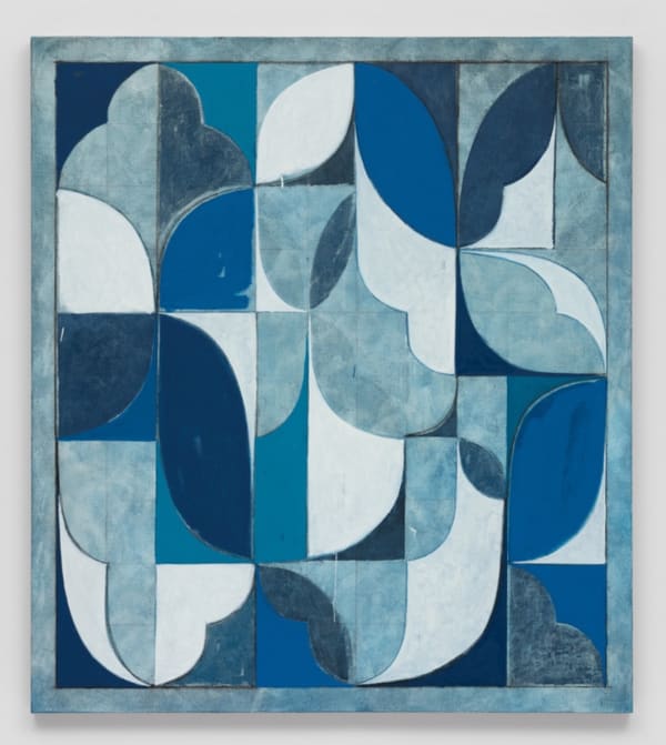 Untitled (Arabesque Composition), 2021, oil, wax crayon, and pencil on linen, 54 × 48''.