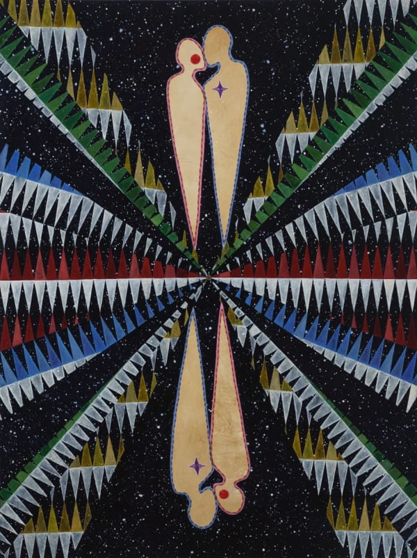 Dyani White Hawk, Tapun Sa Win, 2017, acrylic, smoked buckskin, vintage beads, porcupine quills, thread on canvas, 4 x 3′. Photo: Art Bridges Foundation.