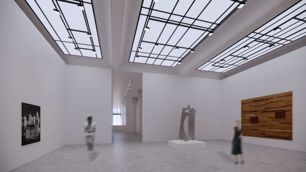A rendering of Alexander Gray’s new TriBeCa gallery space with lighting that pays homage to the building’s original open atrium. Dochantschi insisted on keeping ornamental details like the columns at back.Credit...