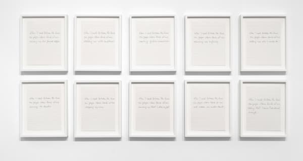 Luis Camnitzer, Between the Lines, 2013. Ink on paper in 10 parts, 11 x 8 1/2 inches each. Courtesy Alexander Gray Associates, New York; Galería Parra & Romero, Madrid. © Luis Camnitzer/Artists Rights Society (ARS), New York.