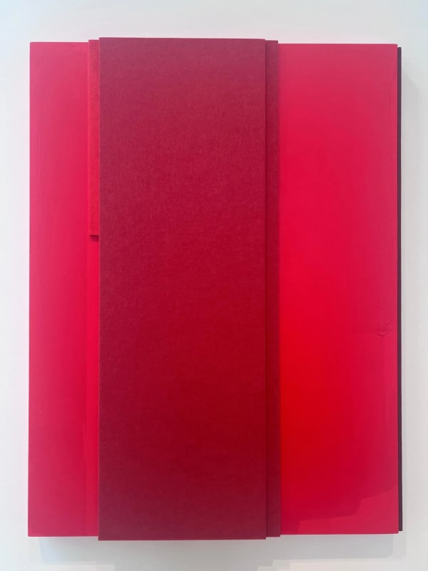 Jennie C. Jones, “Fluid Red Tone (in the break” (2022), architectural felt, acoustic panel, and acrylic on canvas
