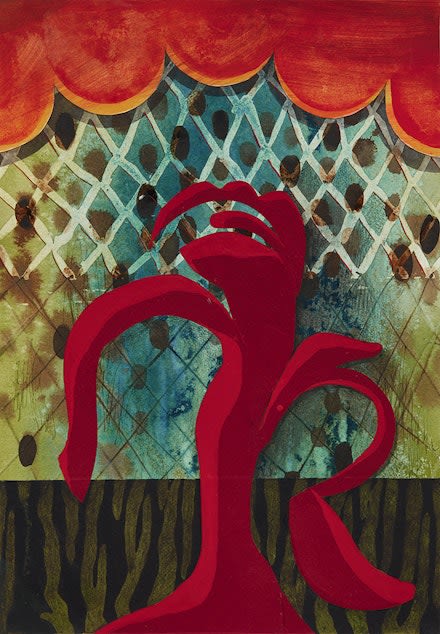 Carrie Moyer, "Arrangement #9," 2021. Mixed media and collage on paper, 20 3/16 x 14 1/16 inches. Courtesy the artist and DC Moore Gallery, New York.