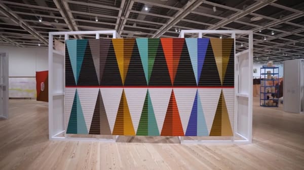 View of “Quiet as It’s Kept,” 2022, at the Whitney Museum of American Art, showing Dyani White Hawk, "Wopila | Lineage," 2021. Photo Ron Amstutz