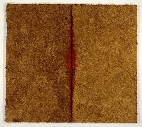Harmony Hammond, Untitled, 1995, straw, acrylic, oil on canvas (diptych). Courtesy: Alexander Gray Associates, New York © 2018 Harmony Hammond / Licensed by VAGA at Artists Rights Society (ARS); photograph: Herbert Lotz