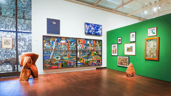 Installation view of Donald Moffett + Nature Cult + The McNay at the McNay Art Museum in San Antonio, Texas