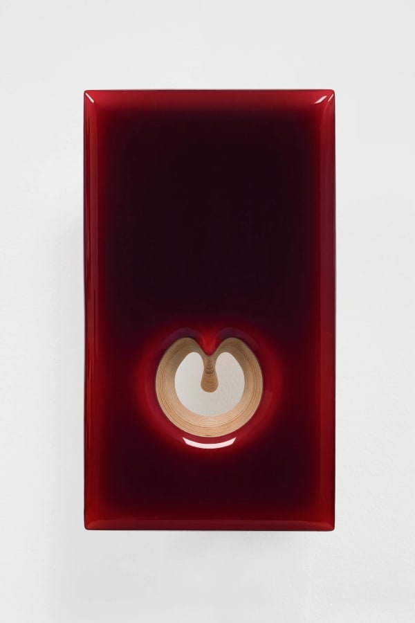 Donald Moffett, "Lot 080820 (open red)," 2020, Pigmented epoxy resin and acrylic, wood panel, steel, 14 x 8 x 5 3/4”.