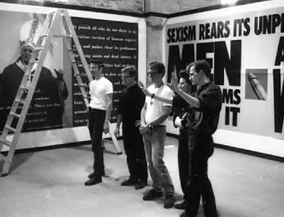 Gran Fury with "The Pope and the Penis" at the Venice Biennale, 1990. (Left to right: John Lindell, Donald Moffett, Mark Simpson, Marlene McCarty, and Loring McAlpin).Photo: Bruno Jakob.