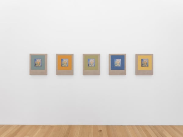Variations on Glazed Bricks, 2021. Oil, color pencil and book pages on linen, installation: 24 x 104 inches. Composed of 5 panels. Courtesy the artist and Peter Blum Gallery, New York. Photo: Sebastian Bach.