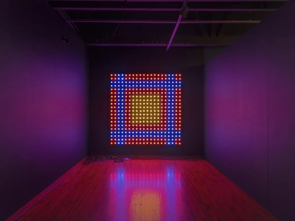 Teresa Burga, "Work That Disappears When the Spectator Tries to Approach It," 1970/2017/2024, four-hundred lightbulbs, sensors. Installation view, Museum of Latin American Art, Long Beach, CA, 2024. Photo: Yubo Dong/ofstudio. From “Arteônica: Art, Science, and Technology in Latin America Today.”