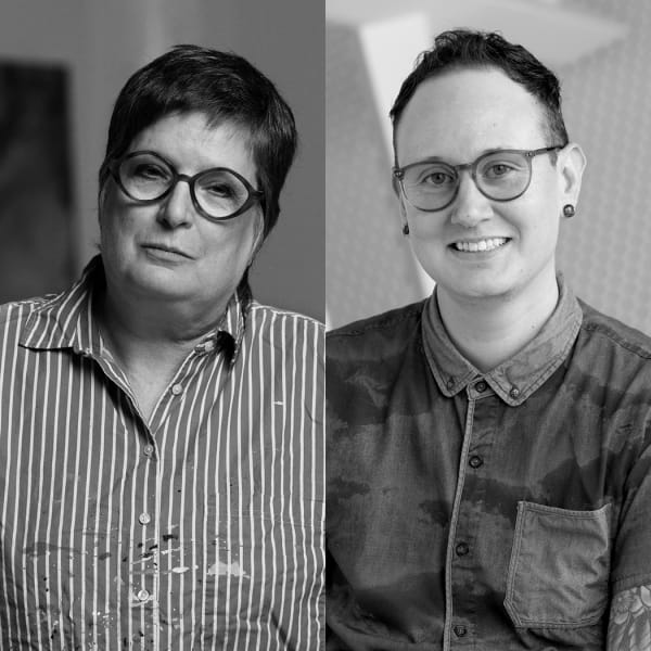 Left: Carrie Moyer, 2024. Photo: Thomas Brunot Right: Lex Morgan Lancaster