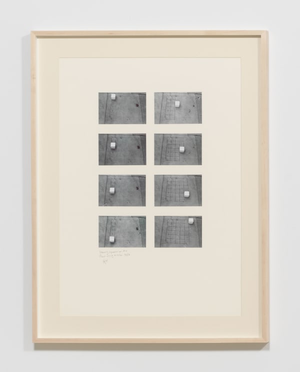 Hassan Sharif Drawing Squares on the Floor Using a Cube, 1982 Photographs on paperboard in 8 parts Mounted on board, overall dimensions: 38.58 x 28.94 inches (98 x 73.5 cm)