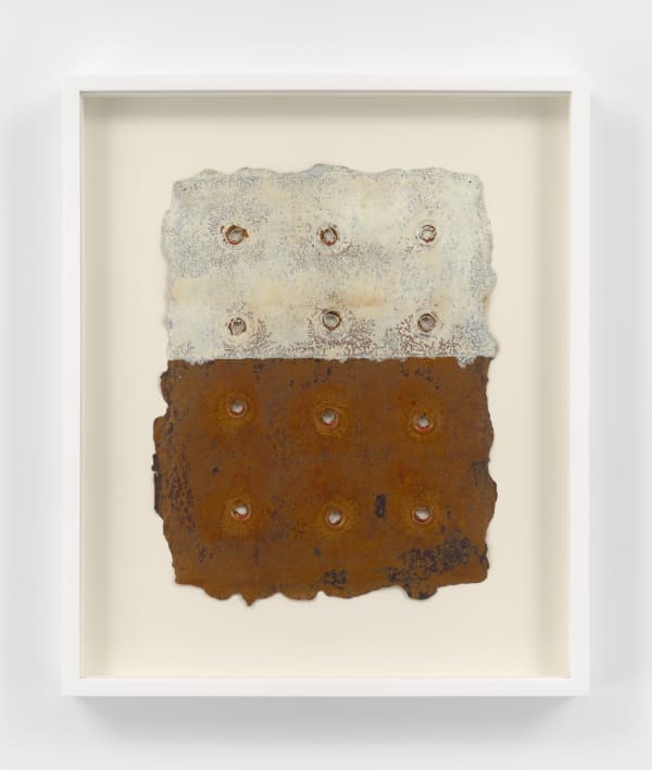 Grommetype #19, 2017 ​​​​​​​Monotype on grommeted Twinrocker paper 12 5/8 x 10 1/8 in 18 1/8 x 15 3/8 x 2 in framed (46 x 39.1 x 5.1 cm framed)
