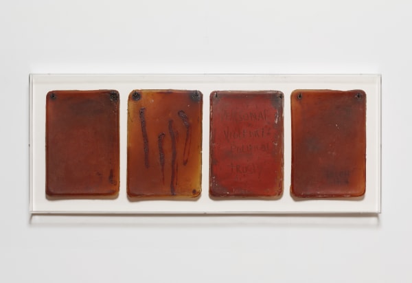 Flesh Journal #2, 1993 Acrylic on latex 11 3/4 x 8 1/2 in each (29.8 x 21.6 cm each) 15 1/4 x 38 3/8 x 2 1/8 in framed (38.7 x 97.5 x 5.4 cm framed)