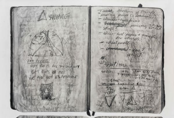 Untitled (Avram Finkelstein, Journal Notes, Sketches for Poster), 2020 (detail) Graphite on paper 59 x 44 inches (150 x 112 cm) Framed: 62.5 x 48.5 x 2 inches (159 x 123 x 5 cm)