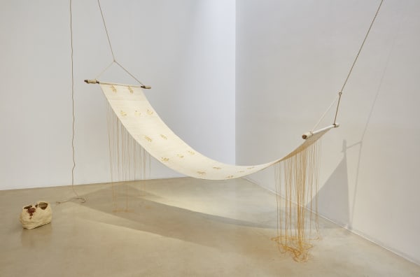 Untitled (Hammock), 2018 24K Nishijin gold thread on sambe, hemp rope, wood, ceramic (California clay, soils from Derek Jarman’s Garden, Nam San, Tapgol Park) Collection of National Museum of Modern and Contemporary Art, Korea