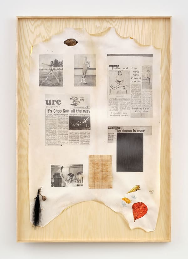 Untitled (Choo San and Soo Khim), 2023 Graphite, watercolor, antique 24k gold thread, sambe, 24k gold leaf, oak gall from Elysian Park, feather, silver wire, pearls on goatskin parchment, brass nails, oak frame Approx. 51 x 33 inches (130 x 84 cm) Framed: 55.75 x 38.25 x 2 inches (142 x 97 x 5 cm)