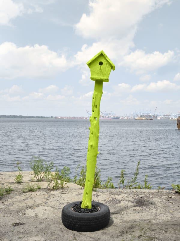 Lot 010523 (chartreuse house), 2023 Oil on wood, oil-based enamel on pecans, rubber, and steel 103 x 30 x 30 in (261.6 x 76.2 x 76.2 cm)