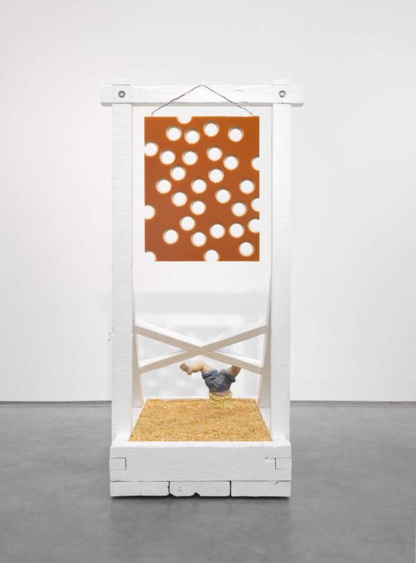 Lot 050816 (honey shot and corn), 2016 Pigmented epoxy resin on linen with wood panel support, acrylic painted wood contraption, with hardware and corn Painting: 30 x 24 x 1 3/4 in (76.2 x 61 x 4.4 cm) Contraption: 85 x 48 x 35 1/2 in (215.9 x 121.9 x 90.2 cm)