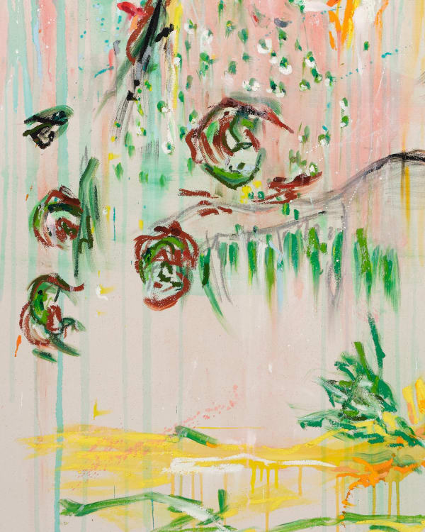 Hiba Kalache in the water of certain rivers there is a wild happiness (detail), 2022 Acrylic ink, oil and oil bar on canvas 86 x 65 in 218.4 x 165.1 cm