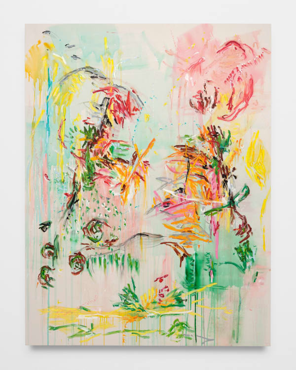 Hiba Kalache in the water of certain rivers there is a wild happiness, 2022 Acrylic ink, oil and oil bar on canvas 86 x 65 in 218.4 x 165.1 cm