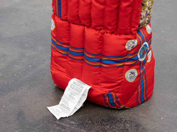 Simon Denny Remainder 2 (detail), 2019 Margaret Thatcher scarves, Patagonia 850 Down Sleeping Bag 30 F/-1 C - R parts, Ripstop Nylon, Down sourced from second hand San Francisco garments, carbon fibre, glass fibre, wood 82 5/8 x 21 5/8 x 15 3/4 in 210 x 55 x 40 cm