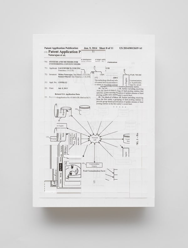 Simon Denny Document Relief 15 (Salesforce.com, inc patent: SYSTEMS AND METHODS FOR CUSTOMIZING CONTENT FEEDS), 2019 Ink Jet Print on Archival Paper, Glue, Custom metal wall mount 11 3/4 x 8 1/4 x 4 1/8 in 29.7 x 21 x 10.5 cm