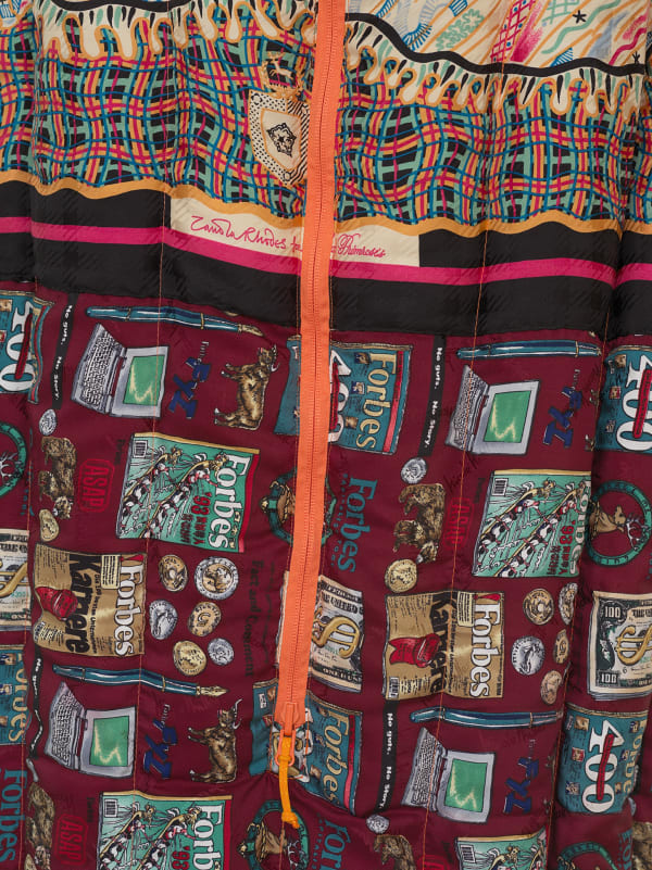 Simon Denny Remainder 1 (detail), 2019 Margaret Thatcher scarves, Patagonia 850 Down Sleeping Bag 30 F/-1 C - R parts, Ripstop Nylon, Down sourced from second hand San Francisco garments, carbon fibre, glass fibre, wood 82 5/8 x 21 5/8 x 15 3/4 in 210 x 55 x 40 cm