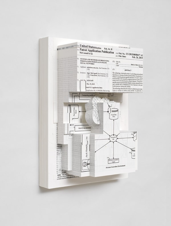 Simon Denny Document Relief 14 (Salesforce.com, inc patent: SYSTEMS AND METHODS OF PRESENTING PERSONALIZED PERSONAS IN ONLINE SOCIAL NETWORKS), 2019 Ink Jet Print on Archival Paper, Glue, Custom metal wall mount 11 3/4 x 8 1/4 x 5 1/2 in 29.7 x 21 x 14 cm
