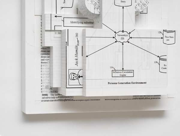 Simon Denny Document Relief 14 (Salesforce.com, inc patent: SYSTEMS AND METHODS OF PRESENTING PERSONALIZED PERSONAS IN ONLINE SOCIAL NETWORKS) (detail), 2019 Ink Jet Print on Archival Paper, Glue, Custom metal wall mount 11 3/4 x 8 1/4 x 5 1/2 in 29.7 x 21 x 14 cm