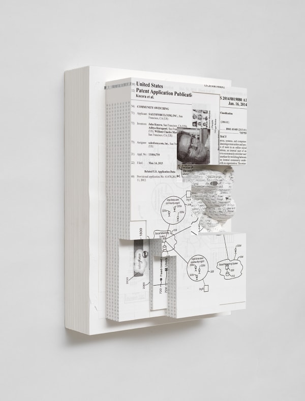 Simon Denny Document Relief 16 (Salesforce.com, inc patent: COMMUNITY SWITCHING), 2019 Ink Jet Print on Archival Paper, Glue, Custom metal wall mount 11 3/4 x 8 1/4 x 4 1/8 in 29.7 x 21 x 10.5 cm