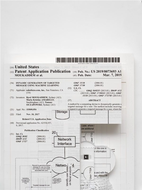 Simon Denny Document Relief 17 (Salesforce.com, inc patent: DYNAMIC GENERATION OF TARGETED MESSAGE USING MACHINE LEARNING) (detail), 2019 Ink Jet Print on Archival Paper, Glue, Custom metal wall mount 11 3/4 x 8 3/8 x 5 1/8 in 29.7 x 21.3 x 13 cm