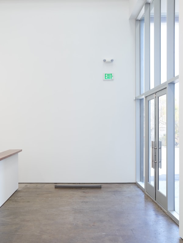 K.R.M. Mooney Second Affordance II, 2017 Steel, inset glass, cast lavender, aluminum, grounding wire, water, iron oxide and silver wire 3 x 12 x 50 in 7.6 x 30.5 x 127 cm