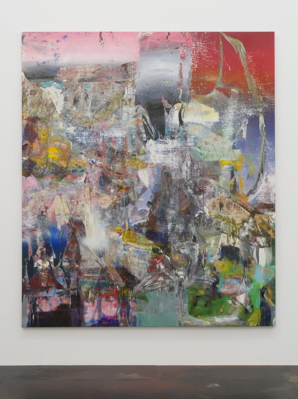 Liam Everett Untitled (what the palm tree gives), 2017 Oil, acrylic, ink, alcohol, salt on linen 91 x 78 in 231.1 x 198.1 cm