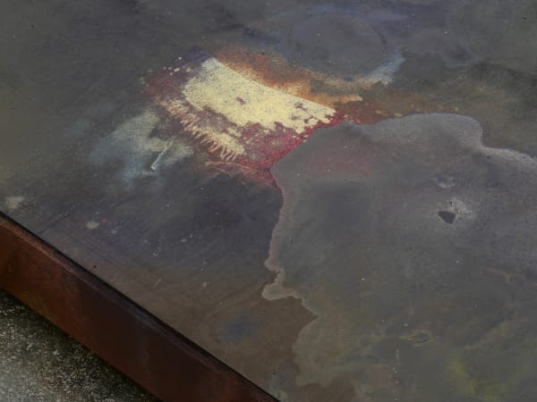 Liam Everett Untitled (Nagg and Nell) (detail), 2017 Birch plywood, alabaster, ink, salt, alcohol and enamel 12 x 47 x 95 in 30.5 x 119.4 x 241.3 cm