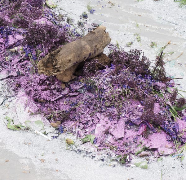 Jared Madere To be titled (Matter Harmonic Topiary) (detail), 2016/2017 Glyph: nail polish, glitter, ink, burns on paper Sculpture: sand, flowers, water, broken glass, urethane pigment, glitter, wood, and dirt Glyph: 13 x 9 in 33 x 22.9 cm Sculpture: 120 x 120 x 12 in 304.8 x 304.8 x 30.5 cm (dimensions variable with each manifestation)